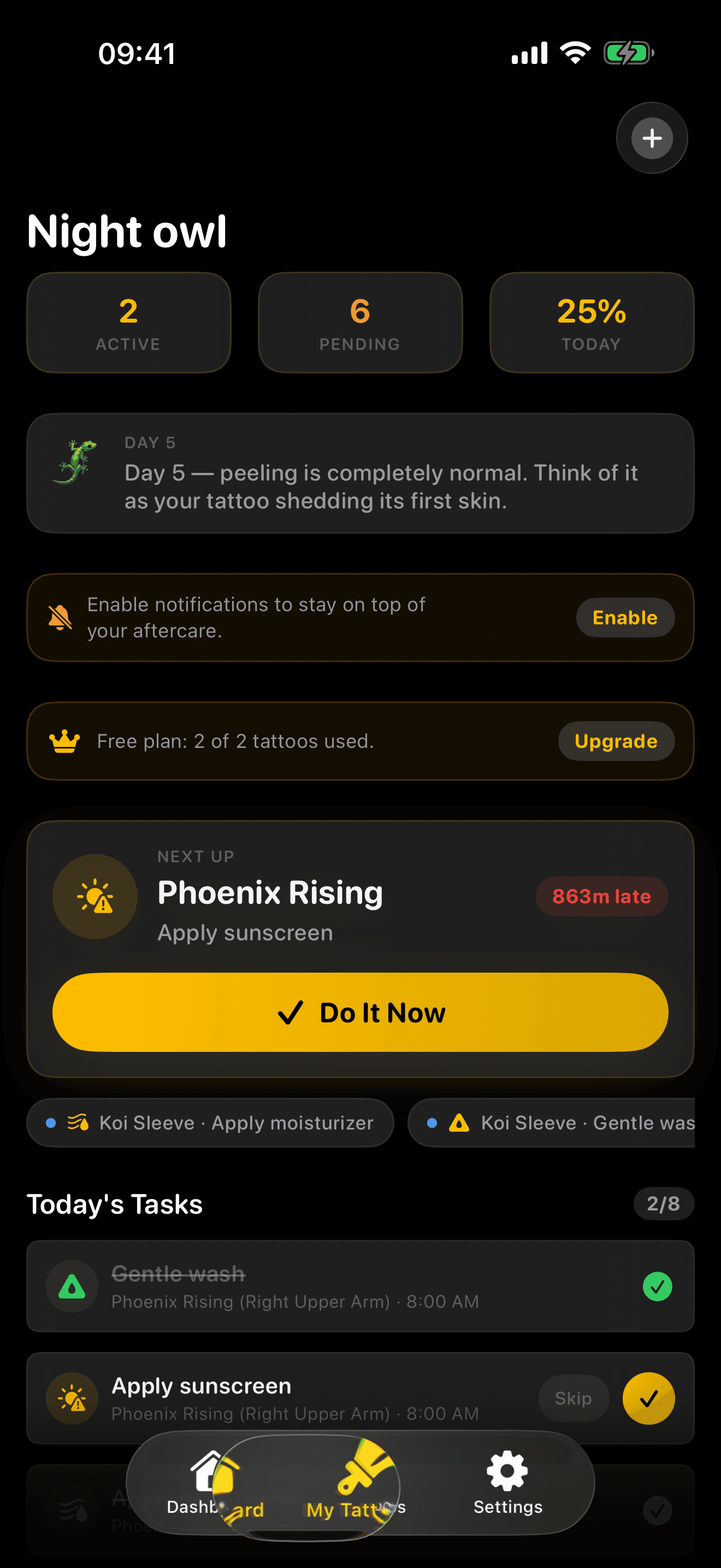 InkCare dashboard showing active tattoos and today's care tasks